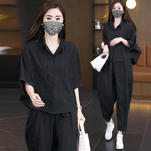 2024时尚胖妹妹气质两件套宽松韩版舒适大码轻奢简约夏季短袖套装