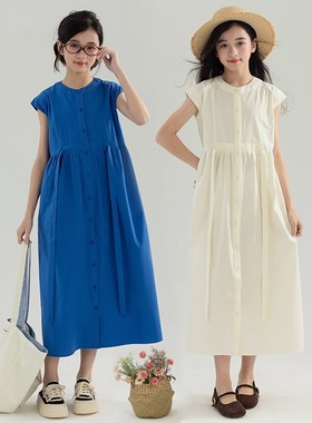 女童裙子2025新款初中生森系度假风连衣裙大童长裙宽松飞袖A字裙