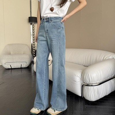 自荐好裤型~自留浅色直筒牛仔裤女春季高腰宽松显瘦拖地阔腿长裤