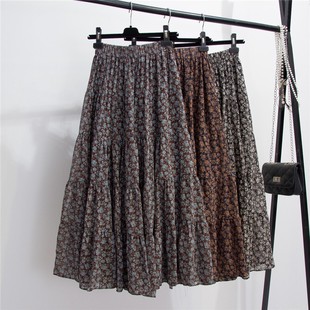 韩国甜美碎花雪纺拼接大摆半身裙2020秋冬复古印花松紧腰仙女长裙