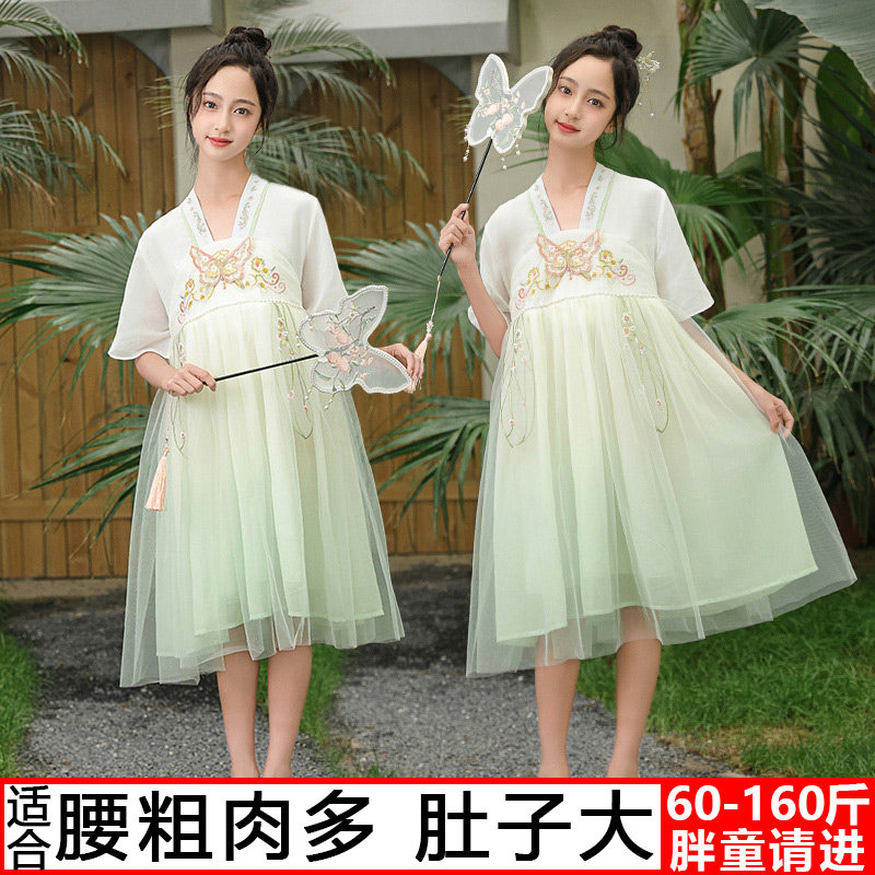 女大童汉服连衣裙夏季新款胖女童加肥加大宽松改良古装裙雪纺唐装