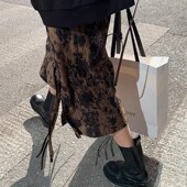 孕妇开叉半身裙春秋托腹复古裙子晕染压褶AM字裙百搭中长款 大摆裙