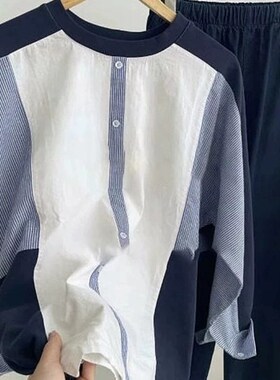 超好看蓝色上衣~25春外出哺乳喂奶撞色拼接大码显瘦衬衣月子服