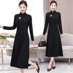 80-300斤大尺码改良旗袍长版裙子春秋冬季复古盘扣茶服加绒洋装女
