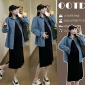 大码 早春秋季 连g衣裙套装 孕妇装 新款 宽松牛仔衬衫 外穿长袖 上衣外