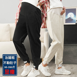 加大码孕妇打底裤子春秋冬季薄绒厚哈伦托腹裤O胖妹宽松潮妈200斤