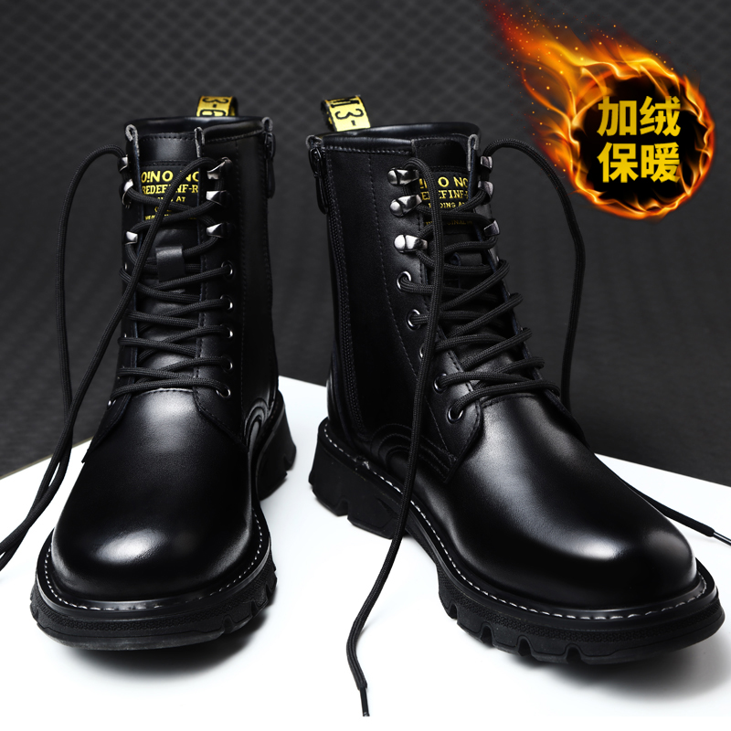 高筒马丁靴男冬季加绒保暖羊毛棉鞋真皮厚底O休闲皮鞋男圆头长筒