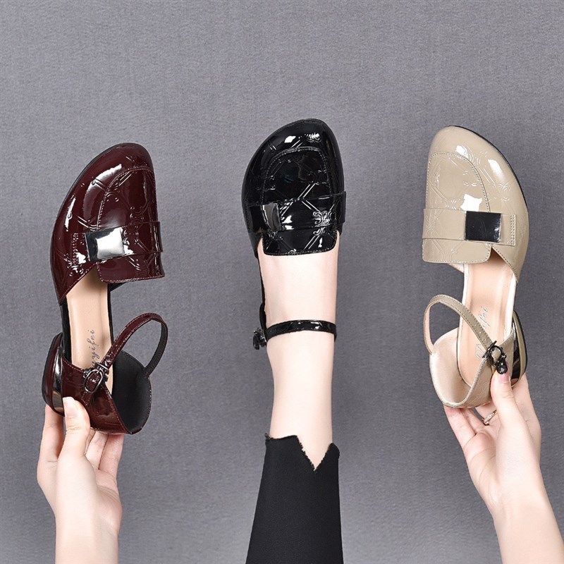 真皮女鞋2023年夏季新款时装凉鞋D女包头粗跟软底舒适圆头单鞋皮