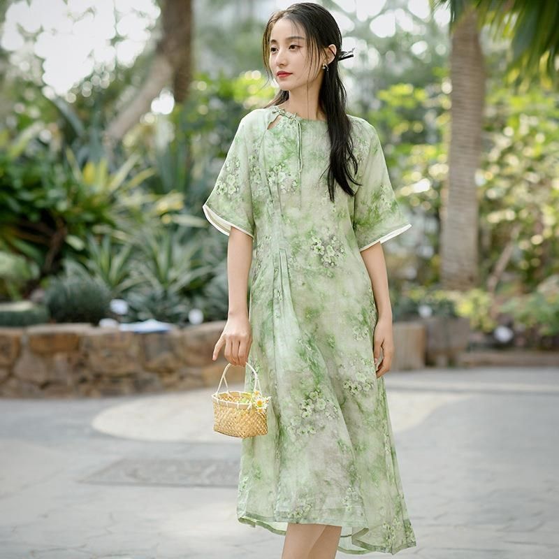 碎花长裙棉麻女装新款202w4夏季新中式连衣裙中国风复古苎麻裙子