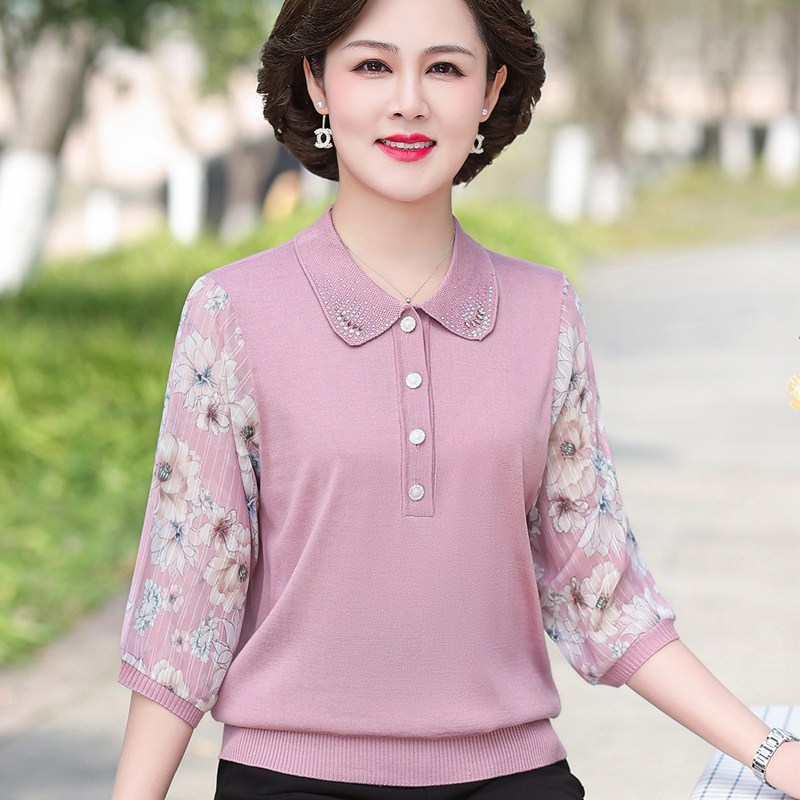 妈妈夏装七分纱袖翻领T恤小衫五六十岁J中老年女春秋针织打底上衣