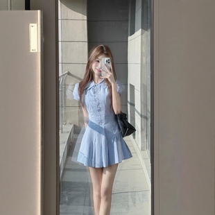 裙 衬衫 小个子学院风显瘦蓝色短袖 a字连衣裙子女夏日绝美巨好看