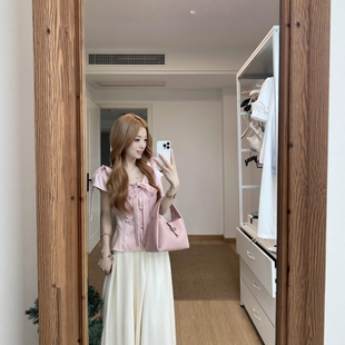 法式蝴蝶结缎面衬衫收腰飞袖花苞上衣两件套女夏季缎面云朵花苞裙