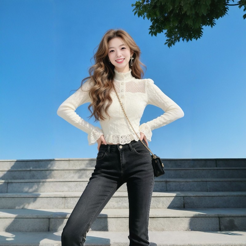 法式温柔风白色半高领蕾丝拼接针织衫女春季长袖收腰显瘦打底衫女,女装/女士精品,毛针织衫,淘宝优惠券,粉丝福利购,淘宝优惠卷