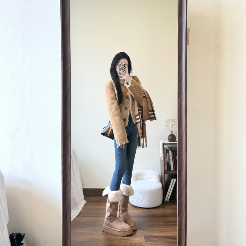 韩系通勤麂皮绒皮毛一体短外套