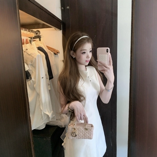 千金风白色无袖 穿搭甜美风 连衣裙女收腰背心裙气质短裙小个子夏季