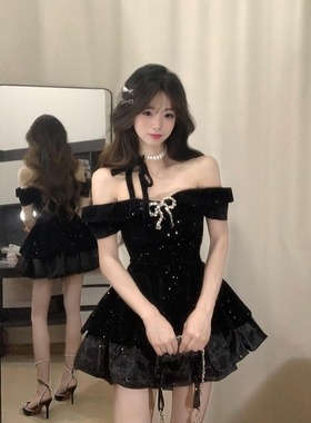 法式一字肩黑色连衣裙女春夏季高腰蓬蓬裙公主风千金风小黑裙礼服