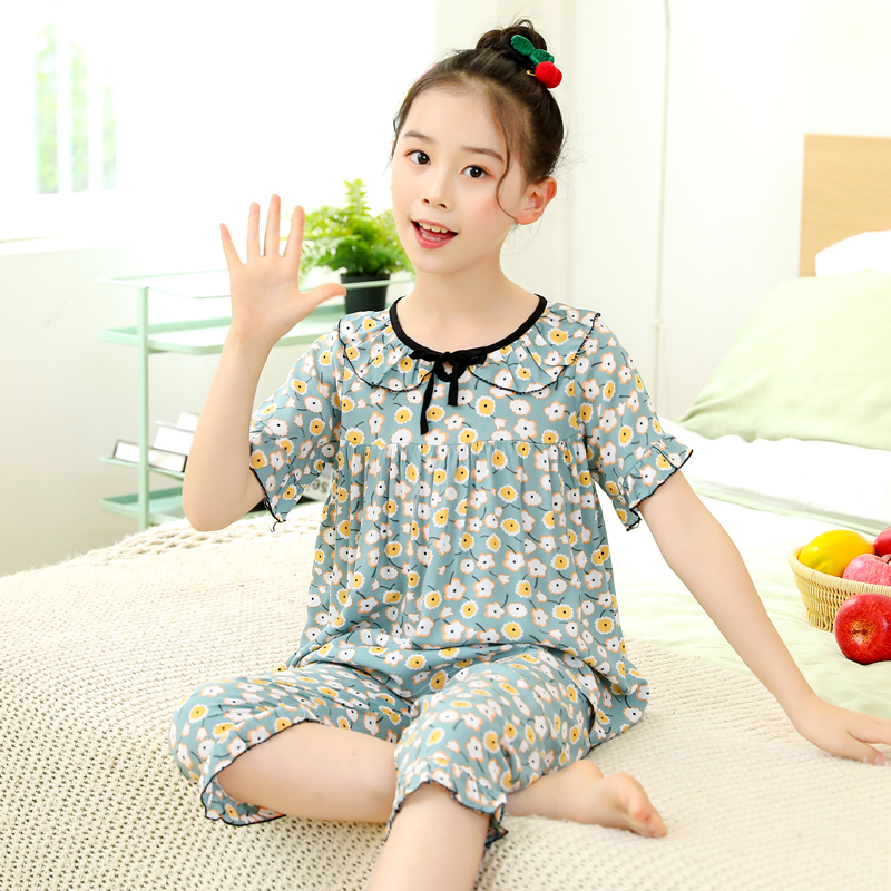 儿童棉绸睡衣女童夏季短袖薄款套装女孩中大绵绸宝宝家居服空调服