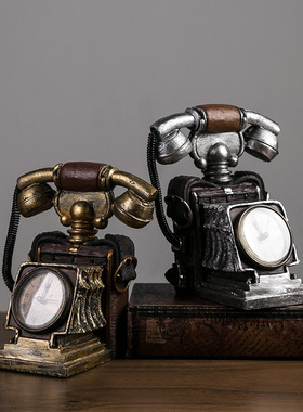 复古电话机模型钟表摆件创意书房咖啡馆餐厅时钟座钟装饰品服装店