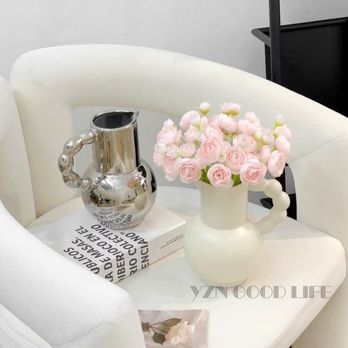奶油风花瓶高级感摆件客厅插花餐桌创意手提陶瓷花器家居装饰法式