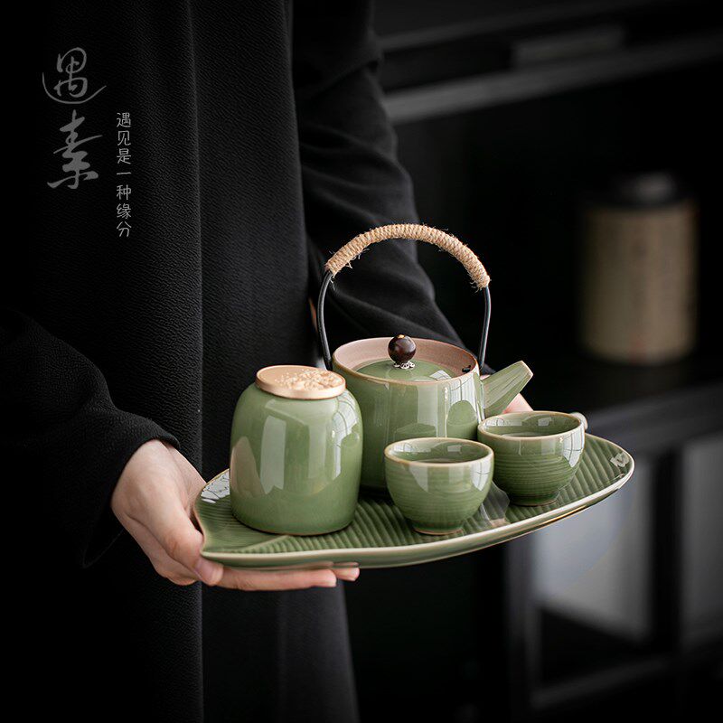 创意陶瓷茶盘提梁壶2人泡茶器家用1壶2杯带托盘功夫茶具套装轻奢