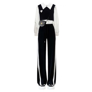 学院风可爱甜美套装女2023秋季新款假两件长袖衬衫+阔腿裤两件套