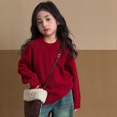 女童毛衣2023秋冬新款圆领套头针织衫红色圣诞新年衣服冬季打底衫