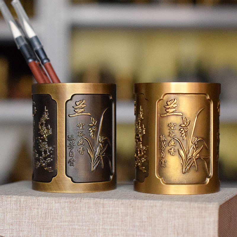 黄铜笔筒小号梅兰竹菊精品光滑仿古做旧小笔筒小朋友精雕包邮书房