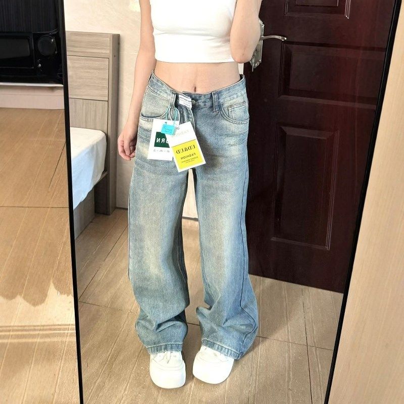 复古蓝色直筒牛仔裤女2024年秋冬新款小个子阔腿高腰宽松显瘦裤子