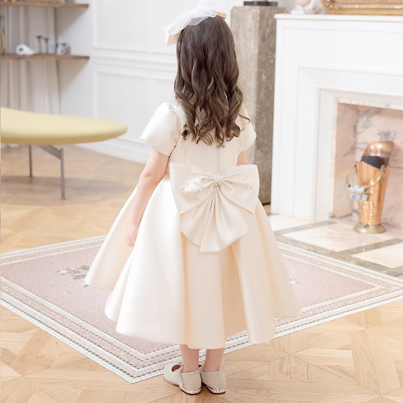 一周岁礼服女宝宝缎面婴儿抓周儿童公主裙蓬蓬纱花童高端洋气白色