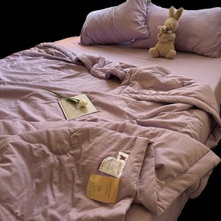 手工包边款 褶皱水洗棉奶紫色夏凉被3四件套空调薄被子150X200x230
