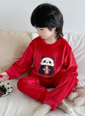 儿童大红色澳毛绒睡衣秋冬款男女孩本命年冬季加厚保暖家居服套装