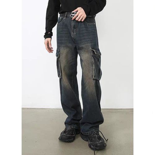 PIFU 重工艺猫须做旧直筒工装裤女夏季新款宽松显瘦水洗牛仔裤