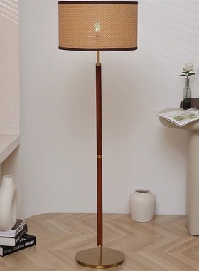 新中式简约落地灯客厅沙发书房卧室床头可调光中古侘寂风藤编复古
