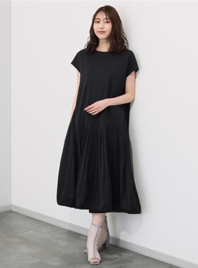 A07069日单夏新款贵牌拉链套头宽松女拼接下摆百褶气质短袖连衣裙