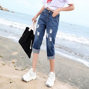 显瘦百搭高腰老爹萝卜裤 大码 子 女破洞宽松哈伦裤 松紧腰七分牛仔裤
