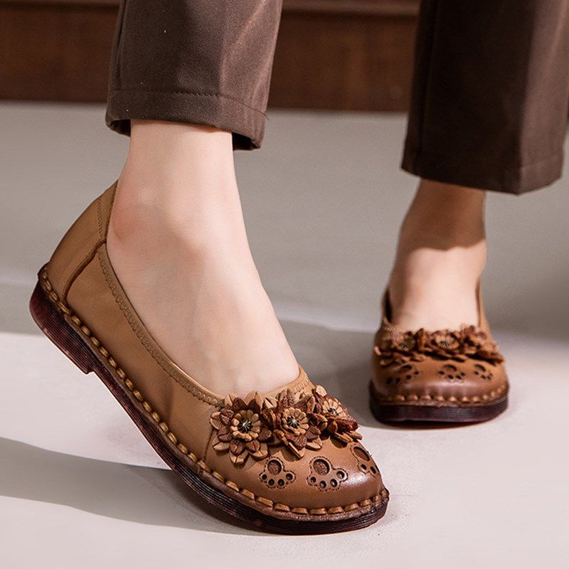 舒适超软牛筋软底妈妈鞋真皮平底花朵民族风女鞋中老年单鞋豆豆鞋,女鞋,浅口单鞋,淘宝优惠券,粉丝福利购,淘宝优惠卷