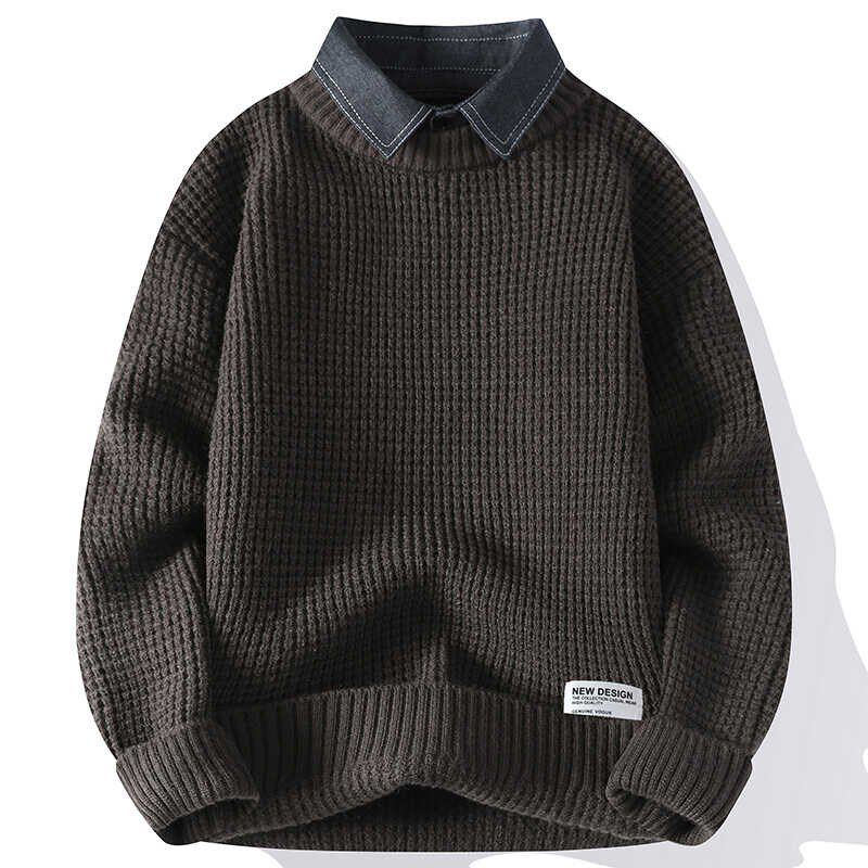假两件毛衣男秋冬季粗毛线衣带假领男装衬衫领针织衫外套纯色内搭