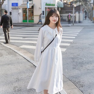 艺野系 系带双层领法式长袖连衣裙春设计感小众初恋小白裙仙女裙