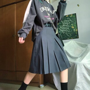 大码 灰色百褶裙秋冬女复古高腰包臀微胖m百搭显瘦a字半身裙中长裙