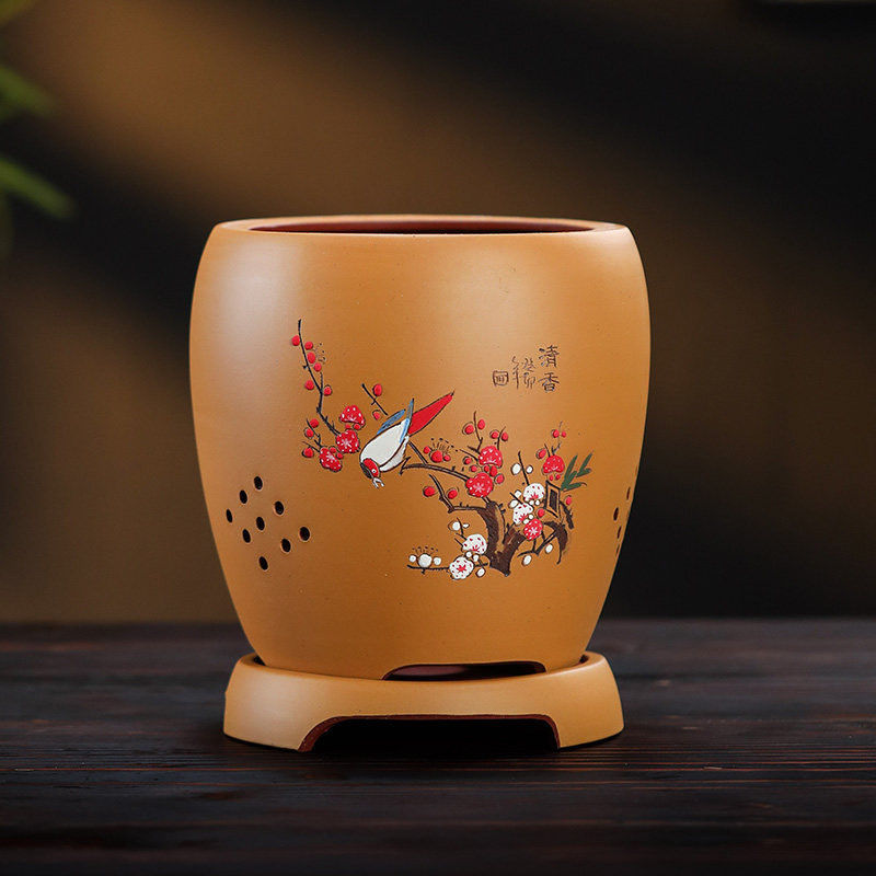 宜兴紫砂花盆精品花盆兰花盆桌面绿植古典花V盆手工刻绘圆形