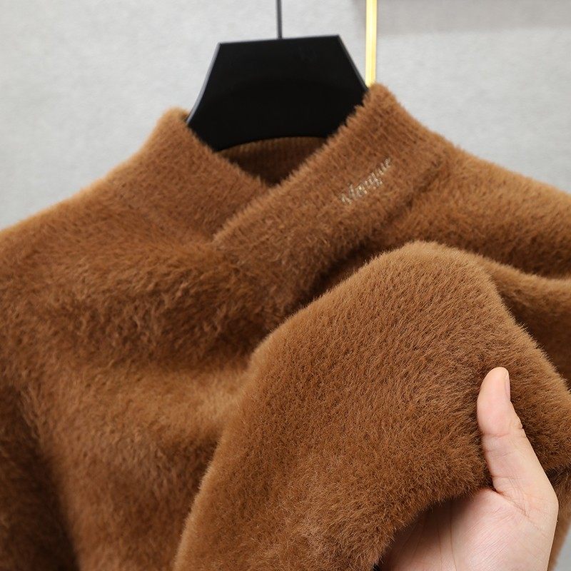 交叉领刺绣毛衣男水貂绒2023秋冬季新款加绒加厚男士针织衫打底衫