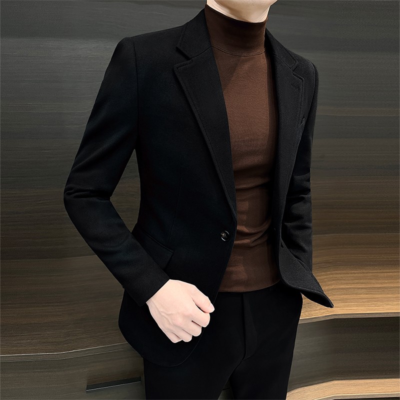 米白色毛呢西装外套男春秋高级感痞帅2025新款商务修身休闲小西服