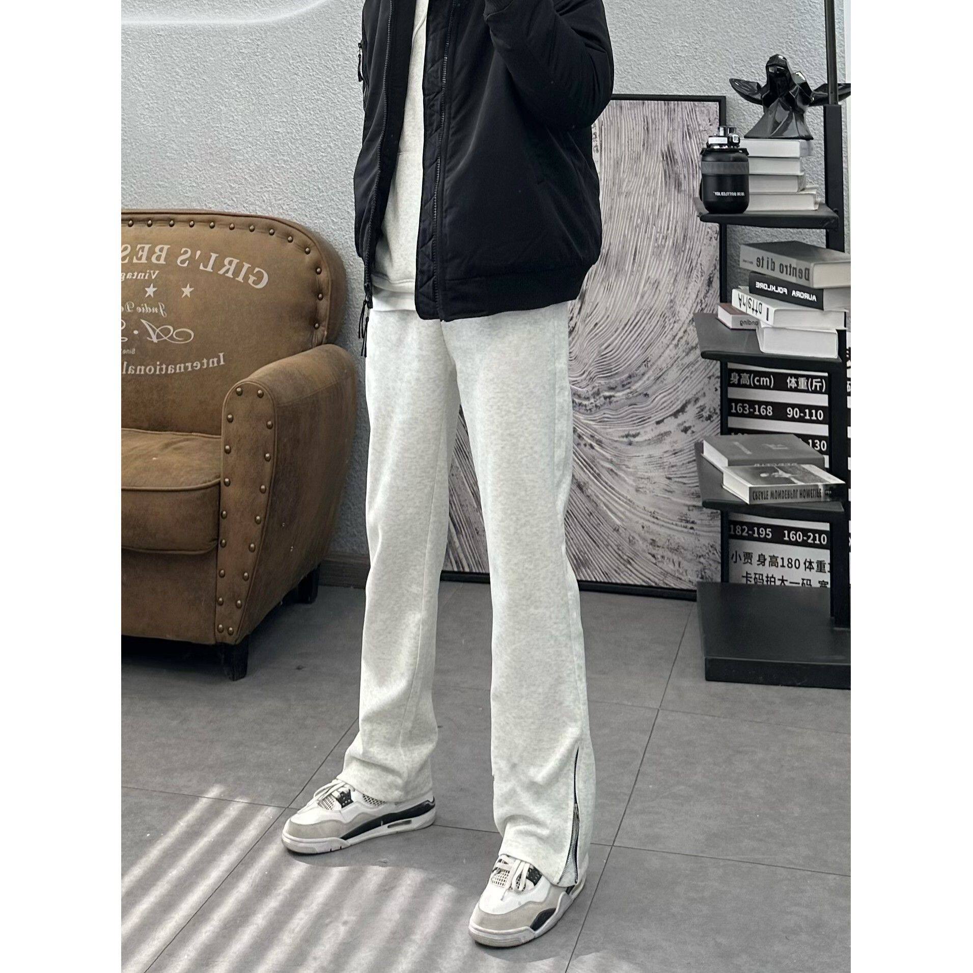 高个子长裤美式修身纯色百搭拉链开叉微喇卫裤男女高街显瘦休闲裤