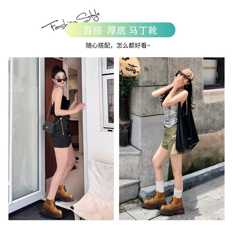 厚底内增高时尚爆款马丁靴女2025新款秋冬新款小个子9cm大黄短靴