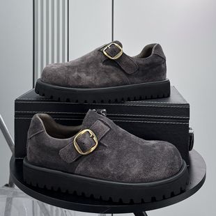 真皮勃肯鞋男款2025新款冬季加绒鞋子男士增高鞋厚底一脚蹬乐福鞋