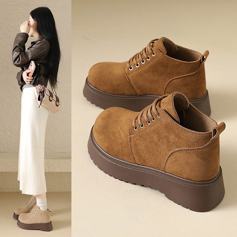 厚底马丁靴女增高勃肯鞋2025年新款秋冬百搭小个子绒面短靴子34码