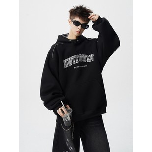 KWER2025秋季潮牌字母黑色连帽卫衣男生美式痞帅休闲宽松百搭上衣