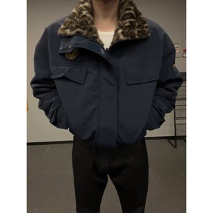 藏蓝色短款boxy廓形豹纹棉服男生过冬外套加绒加厚保暖座山雕棉衣
