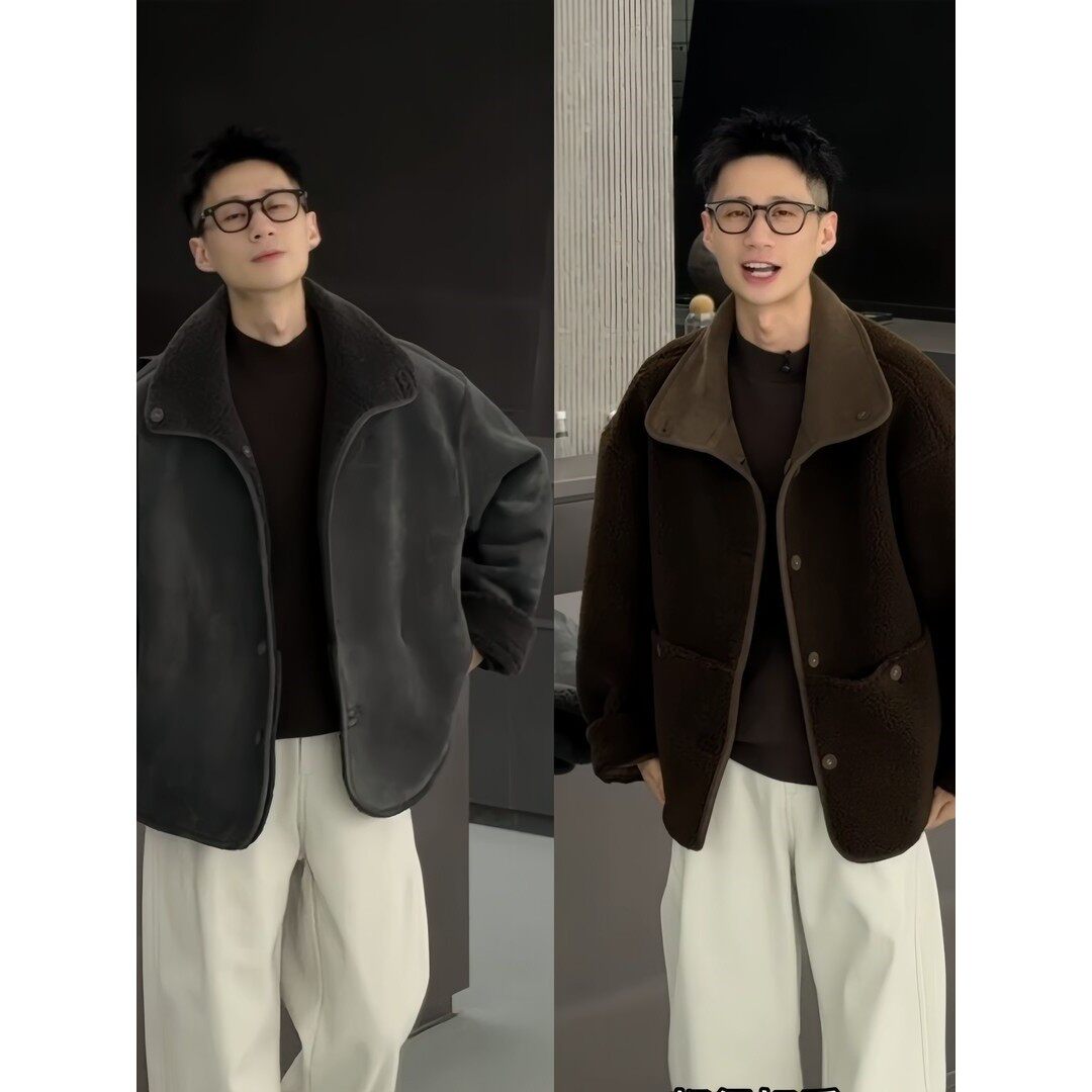 灰色皮毛一体麂皮绒加厚棉服男款冬季设计感正反两穿夹克棉衣外套