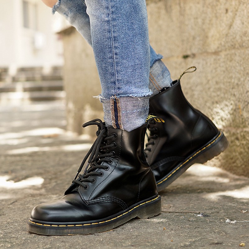 疯家自制 1460马丁靴男女中高筒8孔真皮情侣短鞋厚底系带机车靴子